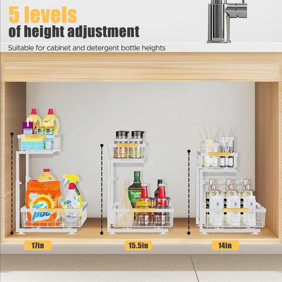 Unyqoos® Verstelbare Metalen Keuken- en Badkamer Organizer met Uitneembare Schuifmanden en Haken