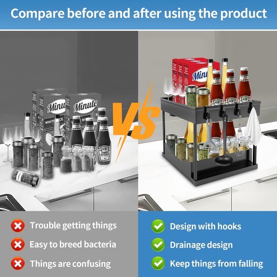 Unyqoos® Praktische Keuken- en Badkamer Organizer met Uittrekbare Lade en Extra Haken voor Optimale Opbergruimte