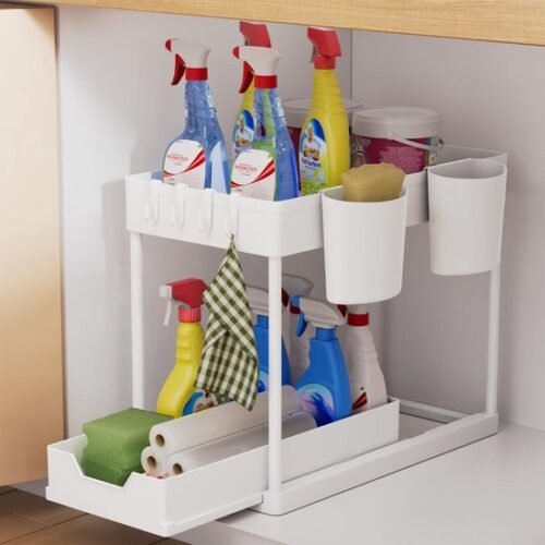 Unyqoos® Multifunctioneel Uitschuifbaar Keuken- en Badkamerorganisatie Rek met Haken en Bekers voor Optimaal Gebruik