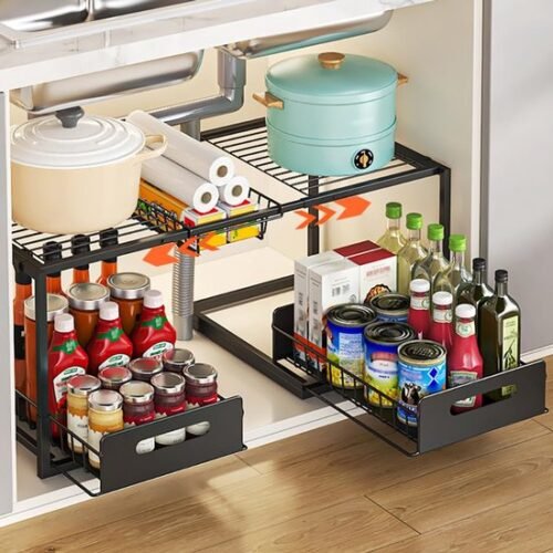 550x550-33989.jpg Unyqoos® Uitbreidbare Stalen Onderkast Organisator met Uittrekbare Mand en Verstelbare Niveaus voor Keuken en Badkamer