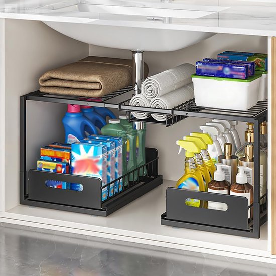 Unyqoos® Uitbreidbare Stalen Onderkast Organisator met Uittrekbare Mand en Verstelbare Niveaus voor Keuken en Badkamer