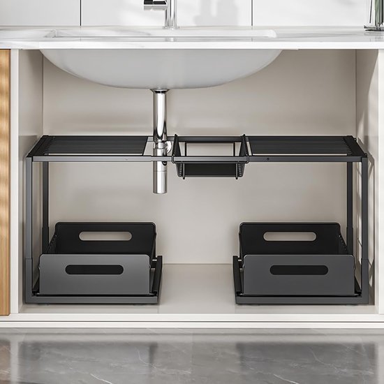 Unyqoos® Uitbreidbare Stalen Onderkast Organisator met Uittrekbare Mand en Verstelbare Niveaus voor Keuken en Badkamer