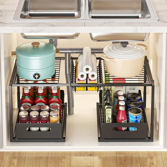 Unyqoos® Uitbreidbare Stalen Onderkast Organisator met Uittrekbare Mand en Verstelbare Niveaus voor Keuken en Badkamer