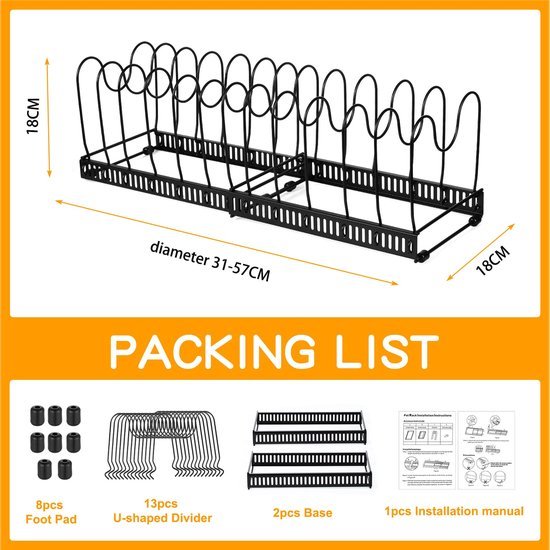 Unyqoos® Uitbreidbare en Multifunctionele Pannen- en Dekselorganizer voor Keukenopslag met 13 Delen in Zwart