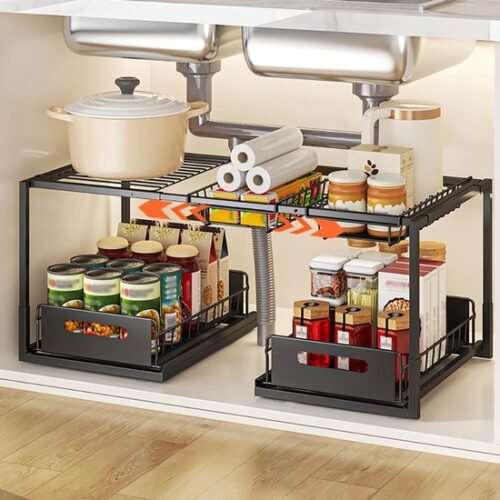 550x550-34210.jpg Unyqoos® Uittrekbare Onderkast-Organizer voor Keuken en Badkamer met Verstelbare Niveaus in Zwart Staal