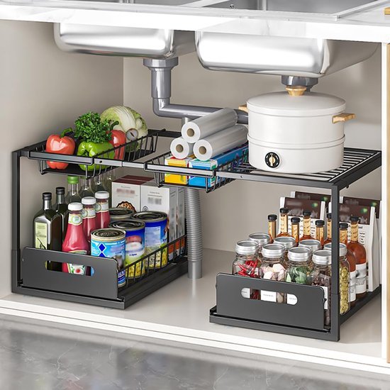 Unyqoos® Uittrekbare Onderkast-Organizer voor Keuken en Badkamer met Verstelbare Niveaus in Zwart Staal