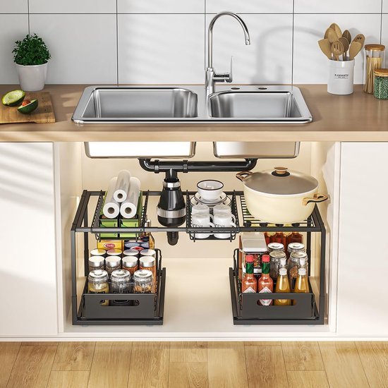 Unyqoos® Uittrekbare Onderkast-Organizer voor Keuken en Badkamer met Verstelbare Niveaus in Zwart Staal