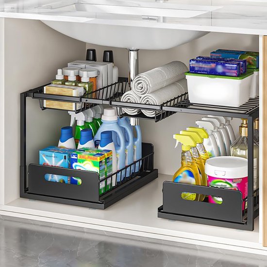 Unyqoos® Uittrekbare Onderkast-Organizer voor Keuken en Badkamer met Verstelbare Niveaus in Zwart Staal
