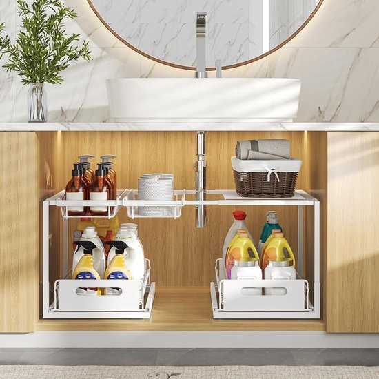 Unyqoos® Uittrekbare Onderkast-Organizer voor Keuken en Badkamer met Verstelbare Niveaus in Zwart Staal