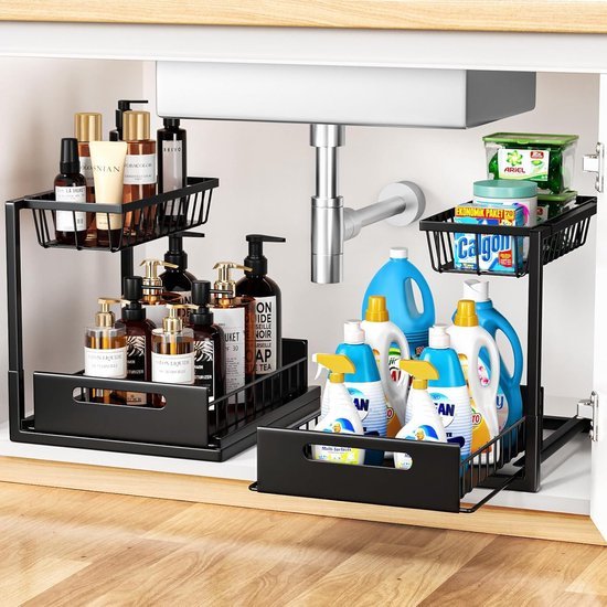 Unyqoos® Multifunctioneel Metalen Keuken- en Badkamer Opbergrek met Lade, Set van 2, Zwart