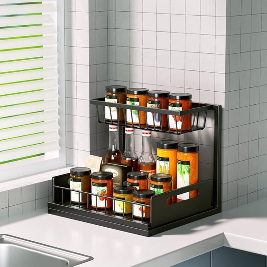 Unyqoos® Multifunctioneel Metalen Keuken- en Badkamer Opbergrek met Lade, Set van 2, Zwart