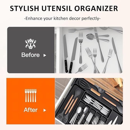 Unyqoos® Verstelbare en uitbreidbare besteklade organizer met messenhouders