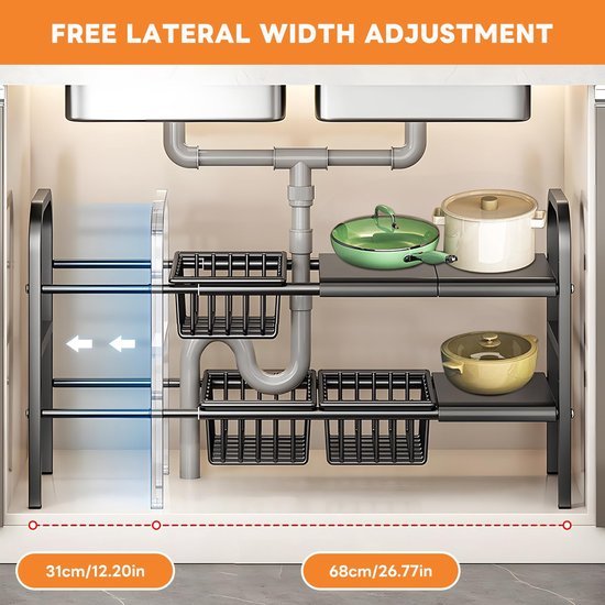 Unyqoos® Aanpasbaar en stevig opbergrek voor onder wastafel met manden