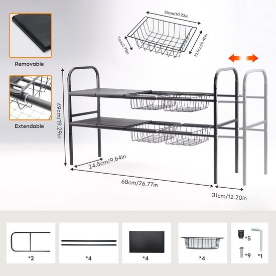 Unyqoos® Aanpasbaar en stevig opbergrek voor onder wastafel met manden