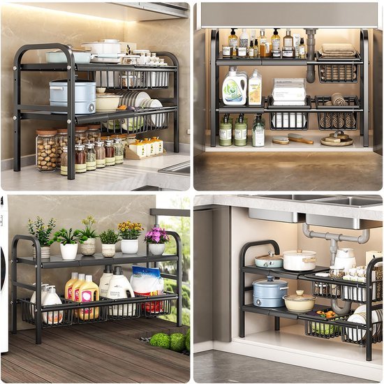 Unyqoos® Aanpasbaar en stevig opbergrek voor onder wastafel met manden