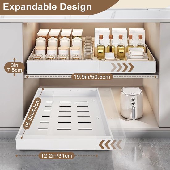 Unyqoos® Ruimtebesparende uittrekbare lade voor keuken en badkamer organisatie