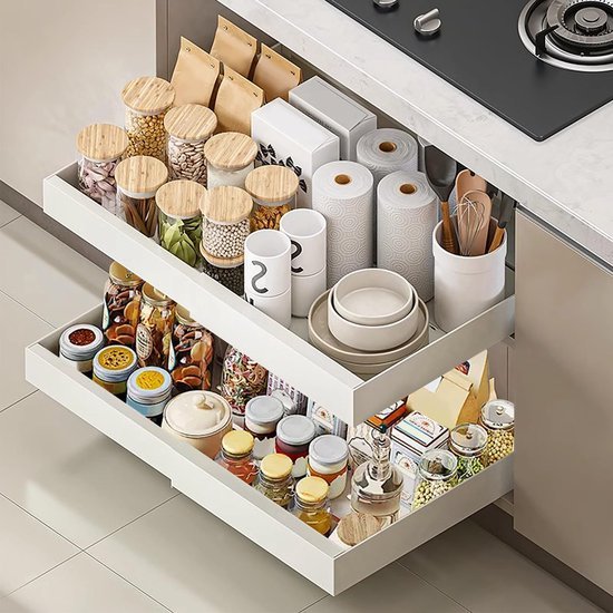 Unyqoos® Ruimtebesparende uittrekbare lade voor keuken en badkamer organisatie
