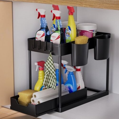 550x550-34512.jpg Unyqoos® Uitschuifbare Dubbeldeks Keuken- en Badkamerorganizer met Haken en Bekers voor Onder de Wastafel