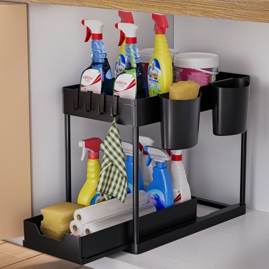 Unyqoos® Uitschuifbare Dubbeldeks Keuken- en Badkamerorganizer met Haken en Bekers voor Onder de Wastafel