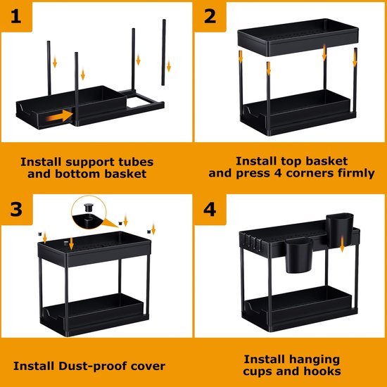 Unyqoos® Uitschuifbare Dubbeldeks Keuken- en Badkamerorganizer met Haken en Bekers voor Onder de Wastafel