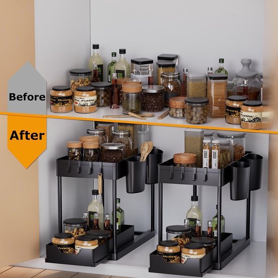 Unyqoos® Uitschuifbare Dubbeldeks Keuken- en Badkamerorganizer met Haken en Bekers voor Onder de Wastafel