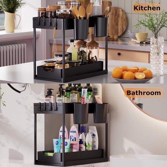 Unyqoos® Uitschuifbare Dubbeldeks Keuken- en Badkamerorganizer met Haken en Bekers voor Onder de Wastafel