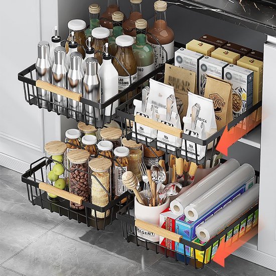 Unyqoos® Uittrekbare metalen lade-organizer voor keuken en badkamer, set van 2