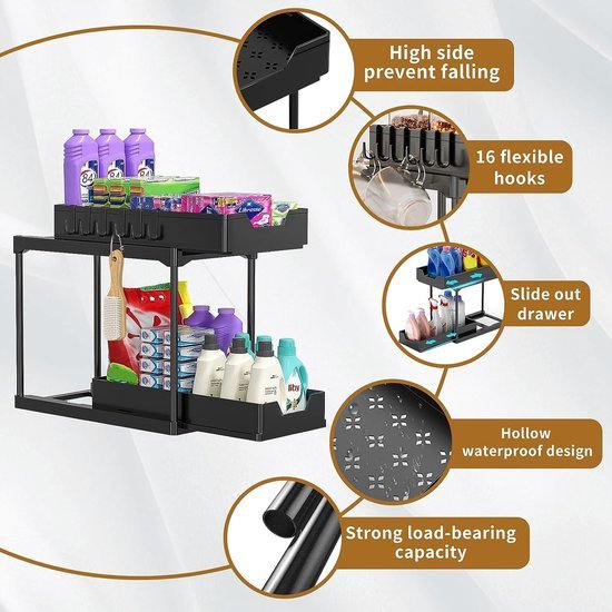 Unyqoos® Multifunctioneel Opslagsysteem voor Keuken en Badkamer met Dubbele Laden en Haken
