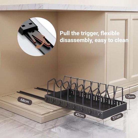 Unyqoos® Uittrekbare lade-organizer voor pannen en deksels met verstelbare verdelers in zwart