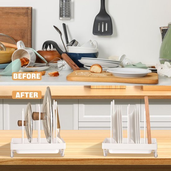 Unyqoos® Functionele houder voor snijplanken en deksels in compact wit ontwerp