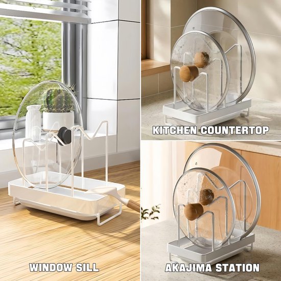 Unyqoos® Functionele houder voor snijplanken en deksels in compact wit ontwerp