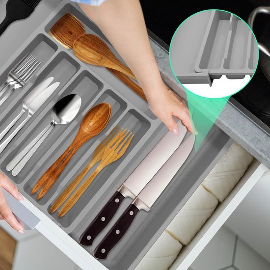 550x550-34805.jpg Unyqoos® Verstelbare grijze bestekbak met antislip en 6 tot 8 vakken voor keukenladen