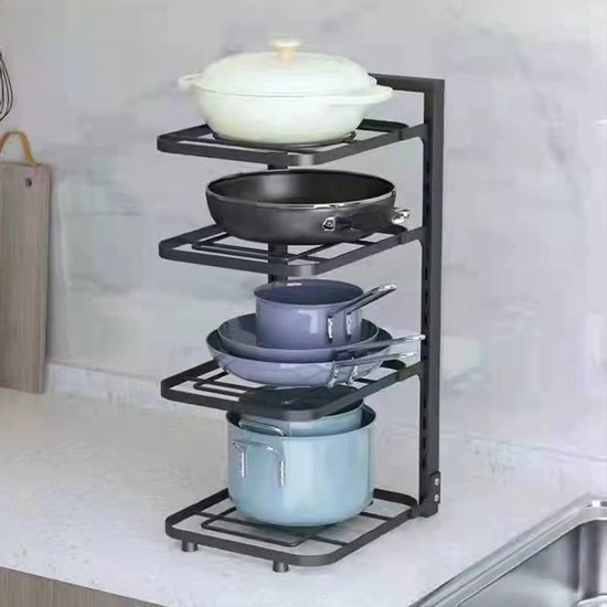 Unyqoos® Pannenorganizer met Vier Verdiepingen voor Optimaal Ruimtegebruik in Keuken en Kast