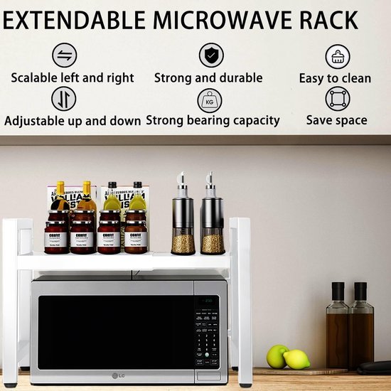 Unyqoos® Uittrekbaar Keukenrek voor Magnetron met Verstelbare Hoogte en Extra Haken voor Opberggemak