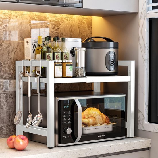 Unyqoos® Uittrekbaar Keukenrek voor Magnetron met Verstelbare Hoogte en Extra Haken voor Opberggemak