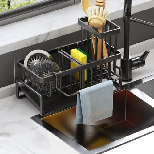 550x550-34909.jpg Unyqoos® Zwarte keukenorganizer met zelfledigende afvoer en handdoekhouder