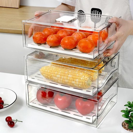 550x550-34960.jpg Unyqoos® Transparante en stapelbare koelkastopbergdoos met afdruipmand en handgreep