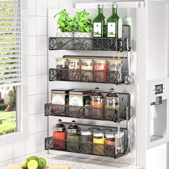 Unyqoos ® Magnetisch Kruidenrek voor Koelkast en Wandmontage met Haken - Set van 4 Stuks in Zwart