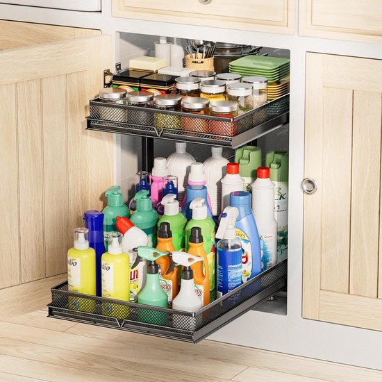 Unyqoos ® Uittrekbaar Metalen Opbergrek voor Keuken en Badkamer met Twee Niveaus