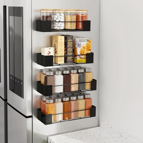 Unyqoos® Multifunctioneel Magnetisch Kruidenrek voor Keuken en Woonruimte, 4-delige Set, Zwart