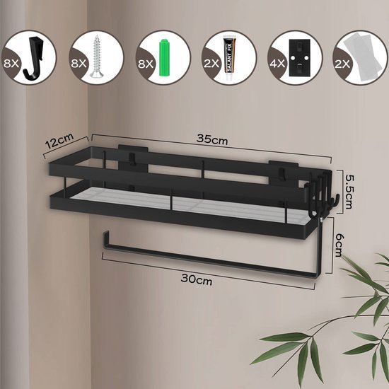 Unyqoos ® Kruidenrek Wandset met Keukenrolhouder en Afneembare Haken voor Keuken en Badkamer