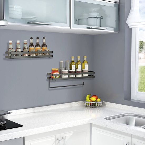 Unyqoos ® Kruidenrek Wandset met Keukenrolhouder en Afneembare Haken voor Keuken en Badkamer