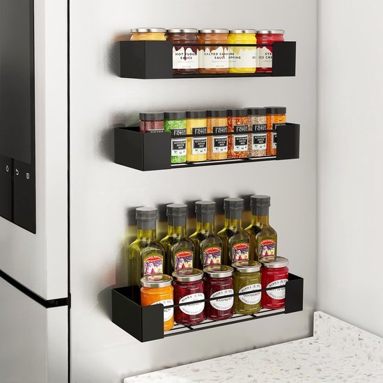 Unyqoos ® Kruidenrek met Sterke Magnetische Bevestiging voor IJzeren Oppervlakken, Set van 3, Zwart