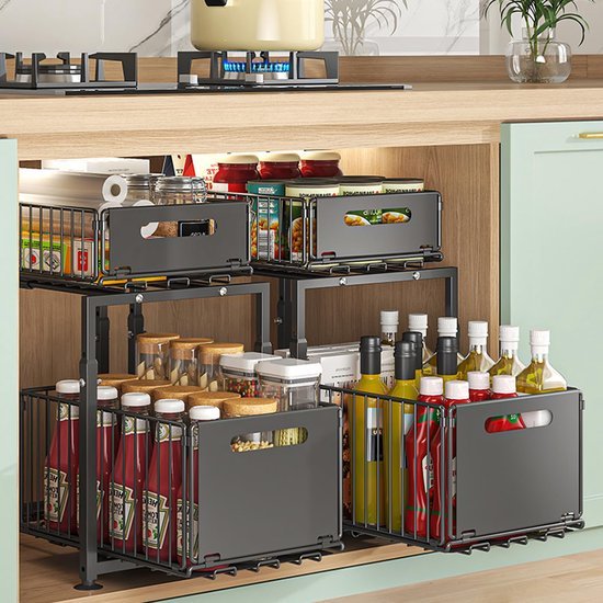 Unyqoos ® Uittrekbare Metalen Opbergorganizer voor Keuken en Badkamer met Verstelbare Hoogte en Twee Lagen