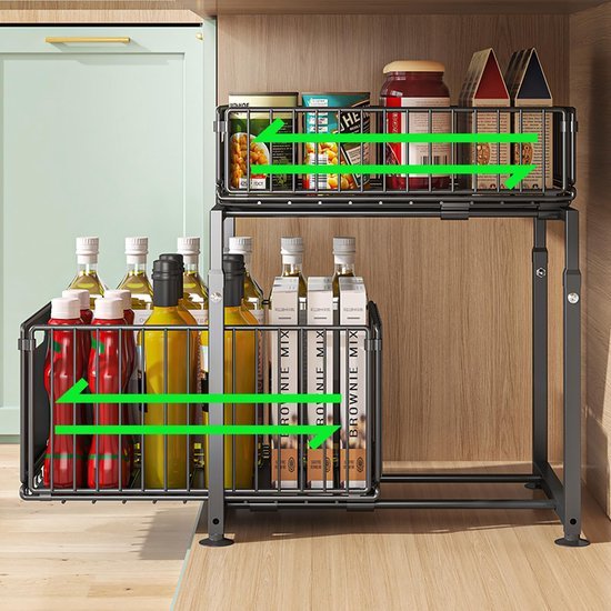 Unyqoos ® Uittrekbare Metalen Opbergorganizer voor Keuken en Badkamer met Verstelbare Hoogte en Twee Lagen