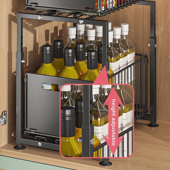 Unyqoos ® Uittrekbare Metalen Opbergorganizer voor Keuken en Badkamer met Verstelbare Hoogte en Twee Lagen
