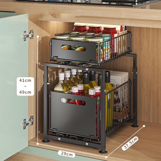 Unyqoos ® Uittrekbare Metalen Opbergorganizer voor Keuken en Badkamer met Verstelbare Hoogte en Twee Lagen