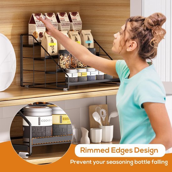 Unyqoos ® Verstelbaar Kruidenrek met Vier Lagen voor Keuken en Voorraadkast Organisatie in Modern Zwart Ontwerp