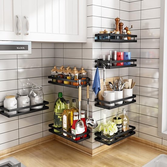 Unyqoos ® Kruidenrek Wandplank Zonder Boren Voor Keuken, Badkamer En Balkon, Mat Zwart, 20 cm