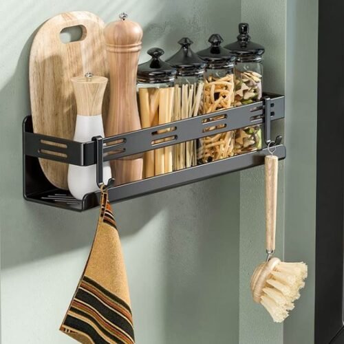 Unyqoos® Kruidenrek Organisator voor Aan de Muur met Afneembare Haken, Zonder Boren, 40 cm, Zwart
